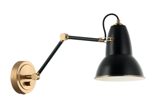 A playful yet sophisticated wall sconce collection. Designed with a dome shaped adjustable shade with Aged Gold Brass trim. This is extended with an adjustable arm. Features a built in dimmer, and available in 2 finish combinations and 2 sizes.