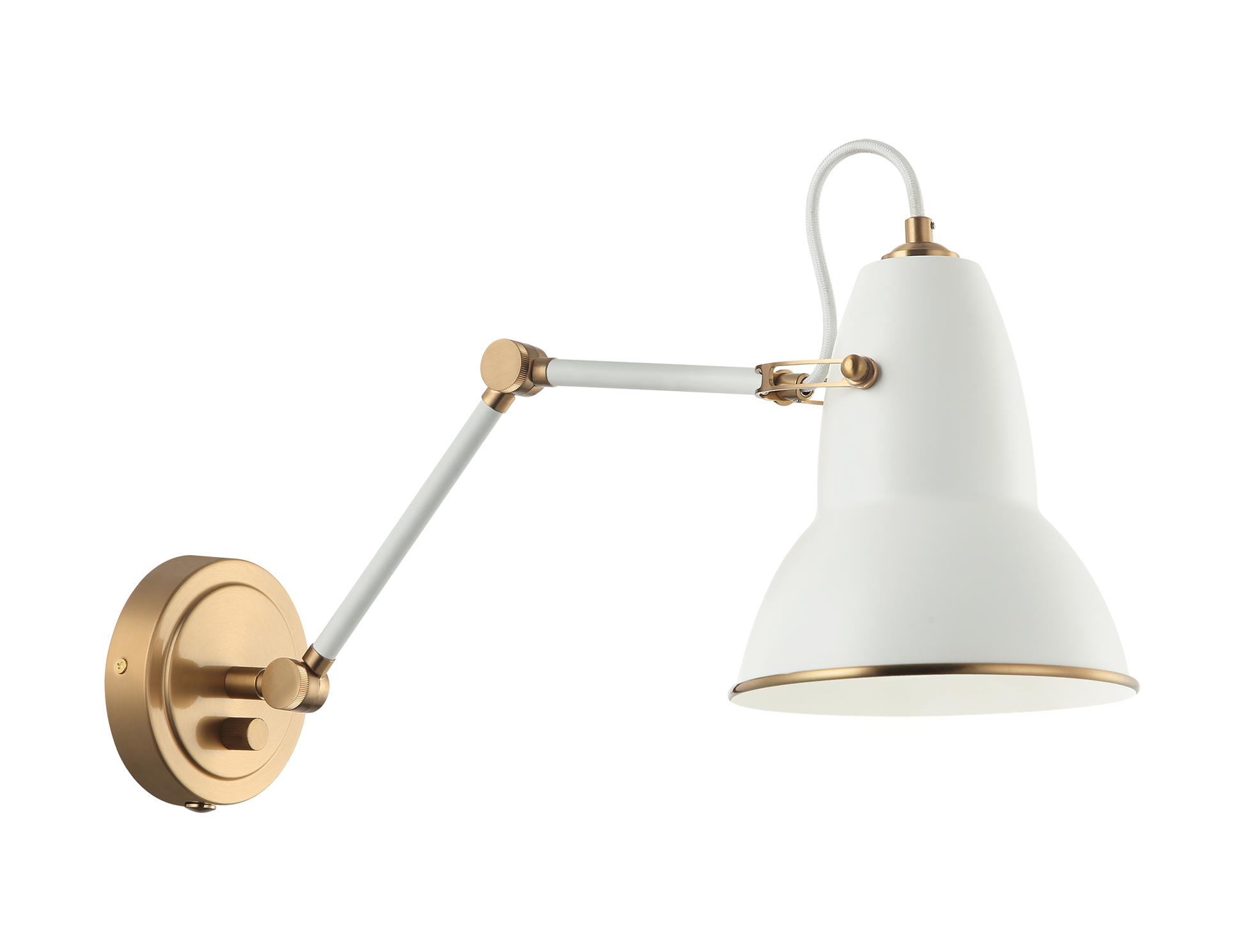 A playful yet sophisticated wall sconce collection. Designed with a dome shaped adjustable shade with Aged Gold Brass trim. This is extended with an adjustable arm. Features a built in dimmer, and available in 2 finish combinations and 2 sizes.