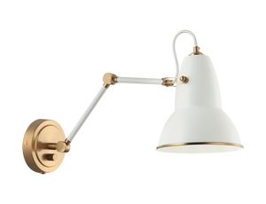A playful yet sophisticated wall sconce collection. Designed with a dome shaped adjustable shade with Aged Gold Brass trim. This is extended with an adjustable arm. Features a built in dimmer, and available in 2 finish combinations and 2 sizes.