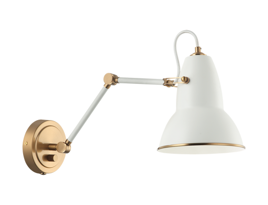A playful yet sophisticated wall sconce collection. Designed with a dome shaped adjustable shade with Aged Gold Brass trim. This is extended with an adjustable arm. Features a built in dimmer, and available in 2 finish combinations and 2 sizes.