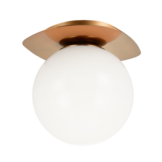 An 80’s inspired design collection. The unusual and unique shape of the canopy is highlighted by the bold contrast of the Opal glass. Razz is a versatile collection - Truly a statement piece. Available in vanity and flush mount.