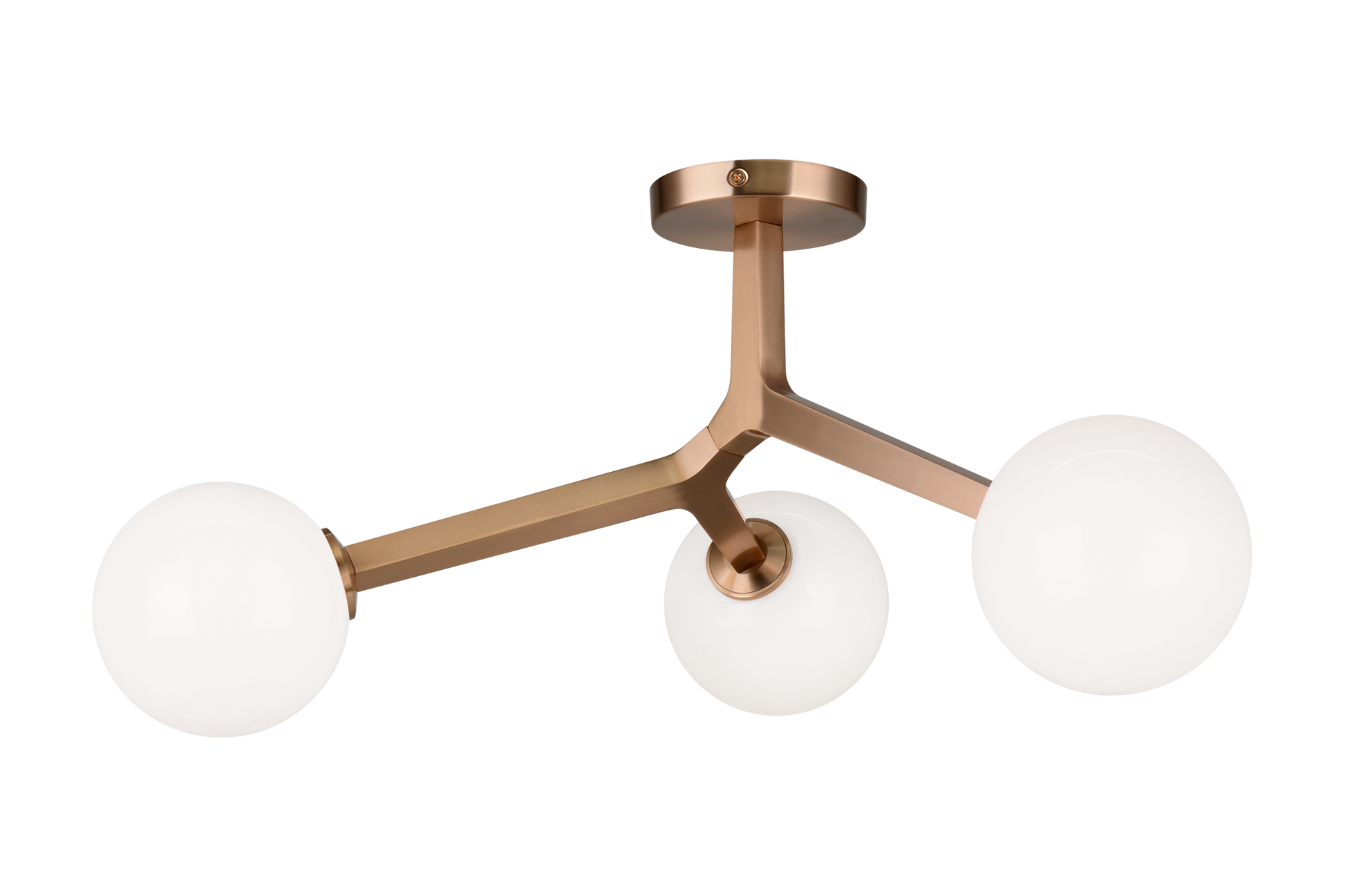 A mid-century inspired series that features branch-like elements with attached Opal Glass. The Rami is a stylish and graceful design that will bring refinement to any room. Available in the form of chandelier, wall sconce, and flush mount.