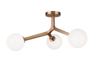 A mid-century inspired series that features branch-like elements with attached Opal Glass. The Rami is a stylish and graceful design that will bring refinement to any room. Available in the form of chandelier, wall sconce, and flush mount.