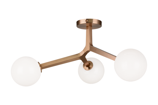 A mid-century inspired series that features branch-like elements with attached Opal Glass. The Rami is a stylish and graceful design that will bring refinement to any room. Available in the form of chandelier, wall sconce, and flush mount.