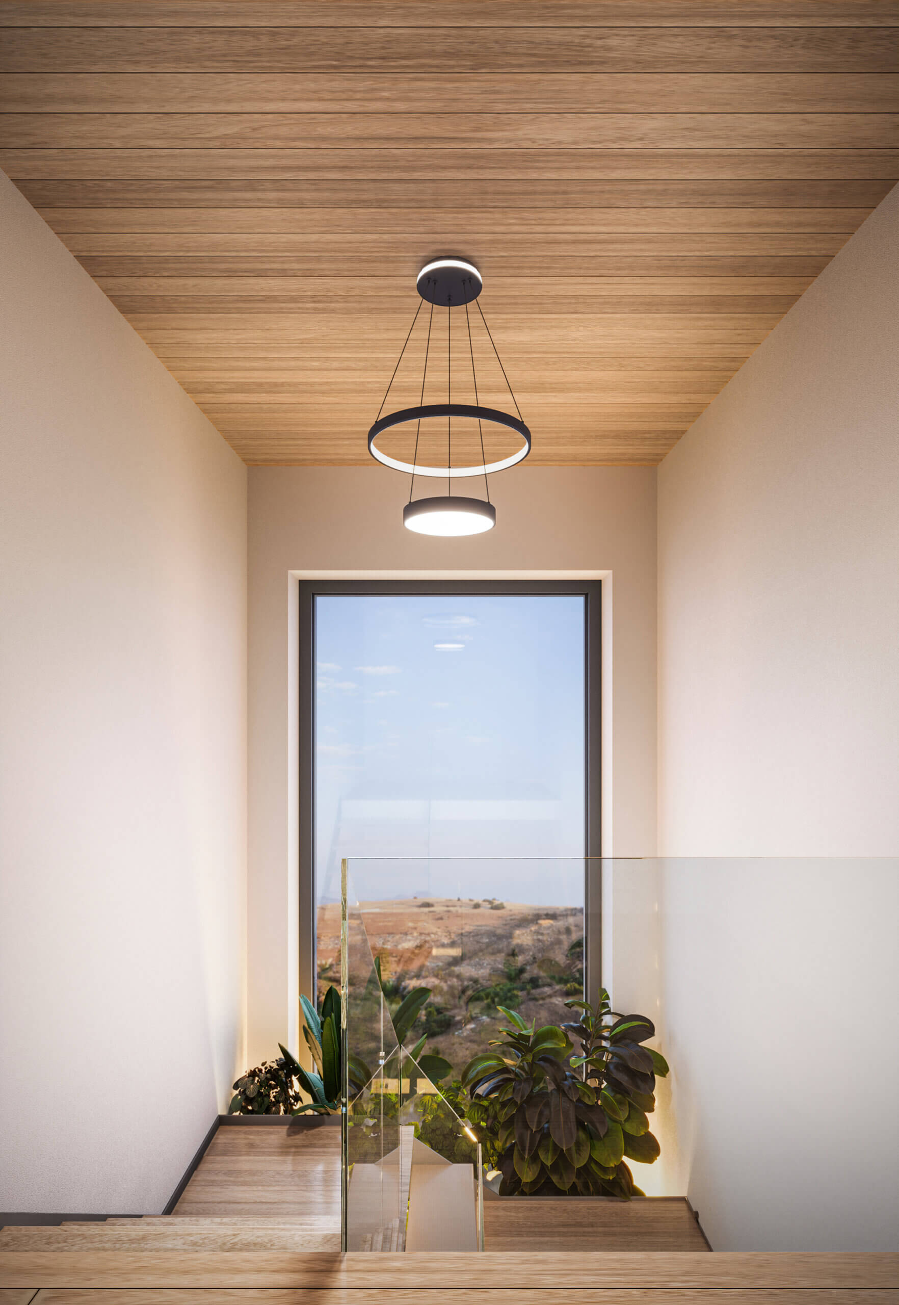 Drop Two-tier 20-inch pendant, two-zone lighting with a lit canopy