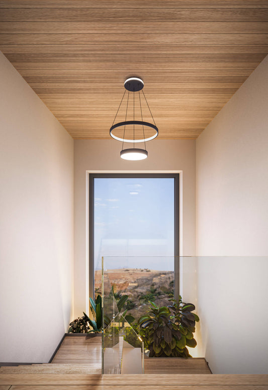 Drop Two-tier 20-inch pendant, two-zone lighting with a lit canopy